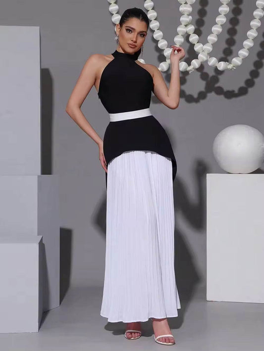 Black And White Contrasting Slim Fit Pleated Dress - REBECATHELABEL