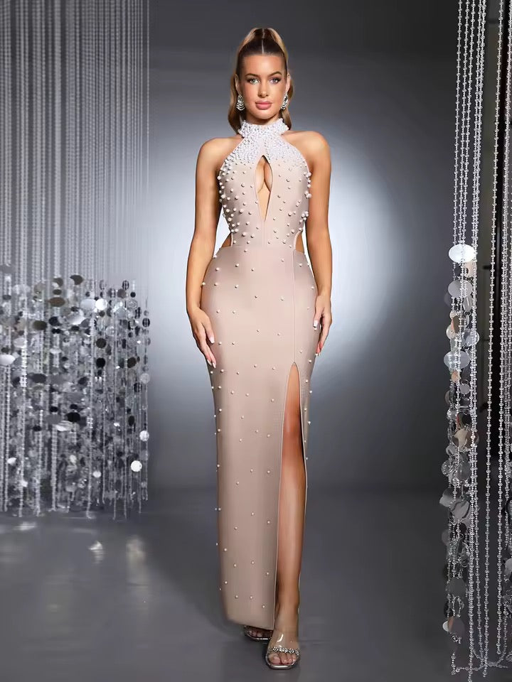 Khaki Halter Hollow Pearl Bead Bodycon Long Dress