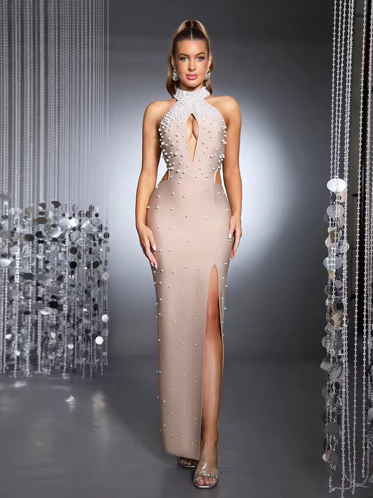 Khaki Halter Hollow Pearl Bead Bodycon Long Dress