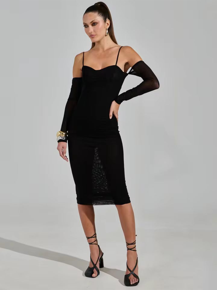 Lapel Slim Midi Shirt Dress Long Sleeved Sexy Mesh set