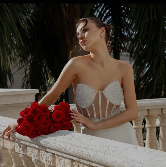 Strapless Tight Long Bandage Dress Sexy V-neck Diamond Midi Dress - REBECATHELABEL