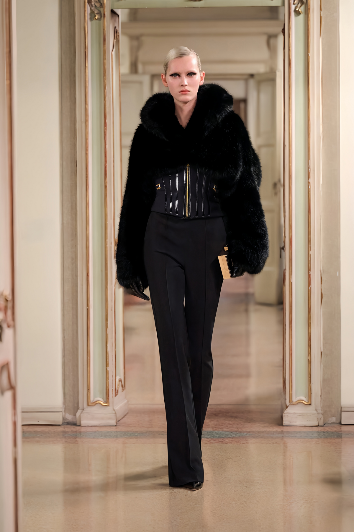 Black Faux-Fur Corset Panel Jacket