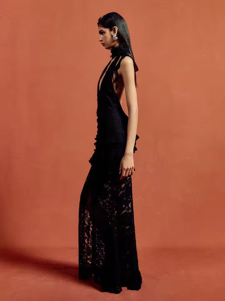 Lace Patchwork Halter Long Dress