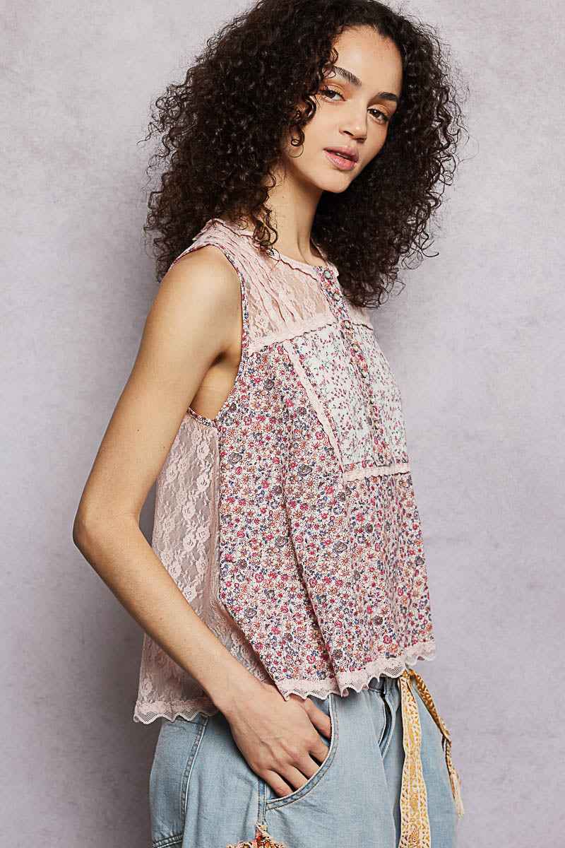 POL Printed Woven Lace Back Round Neck Sleeveless Top