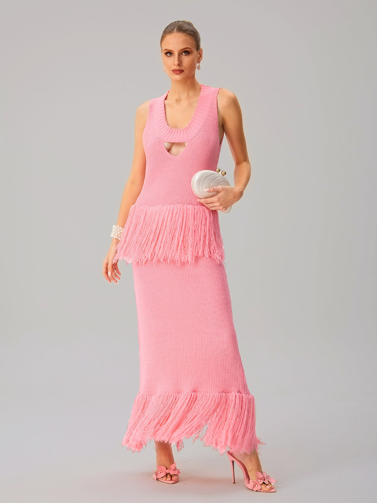 Sleeveless Fringe Knit Maxi Dress