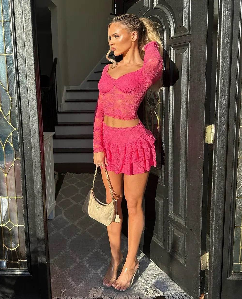 Short Top Mini Skirt Party Lace Set - REBECATHELABEL