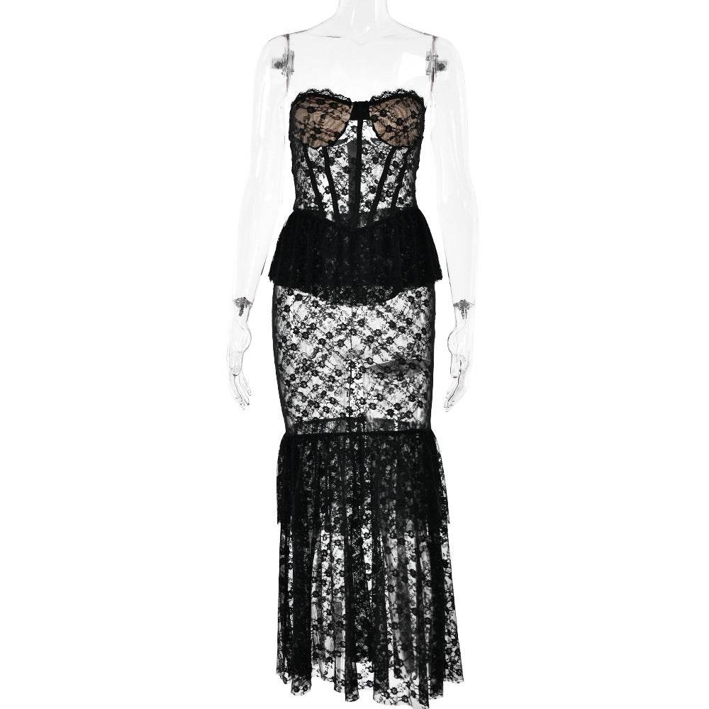 Lace See through Tube Top Fishtail Dress - REBECATHELABEL