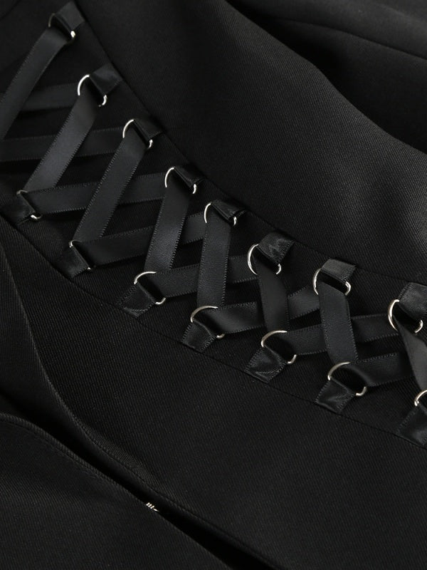 Crisscross Lace Up Suit Black Lapel V Neck Long Sleeve Bodycon Blazer Dress