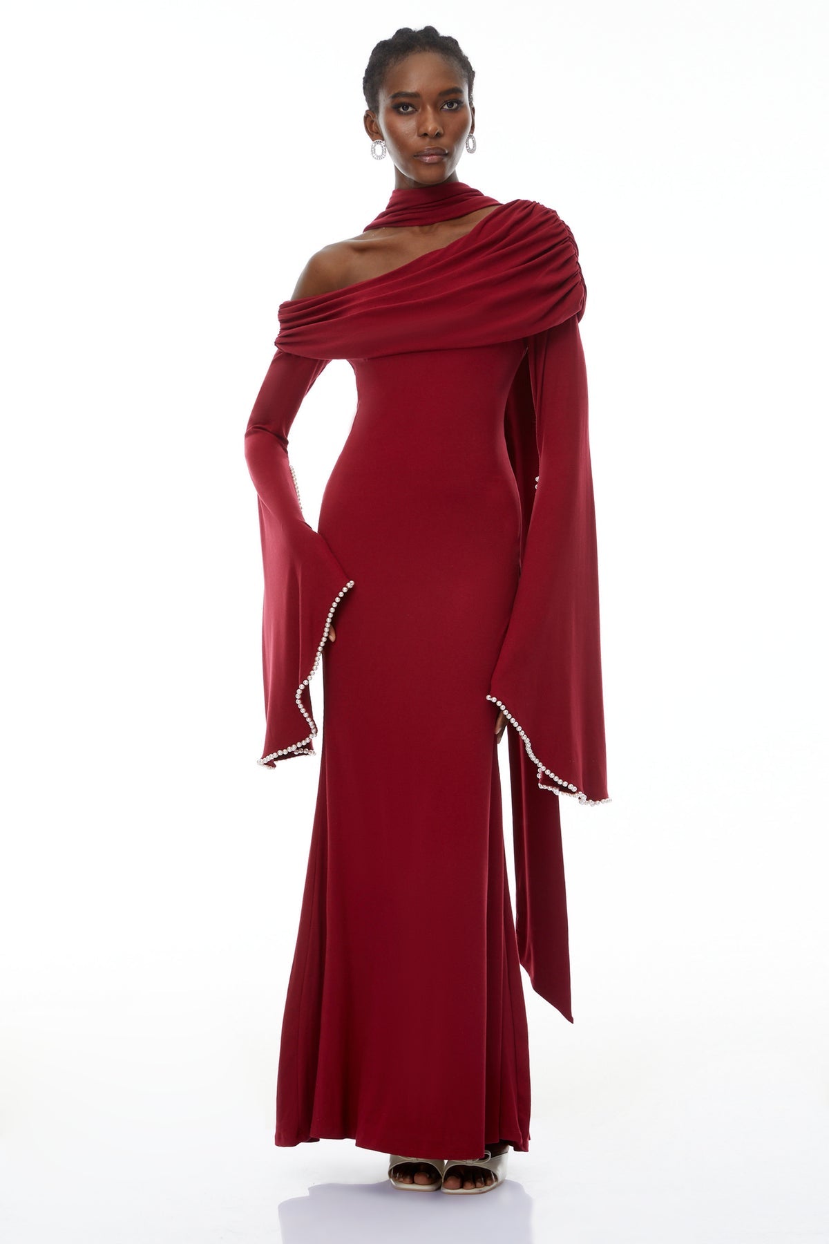 Burgundy One Shoulder Pearl Trim Maxi Gown
