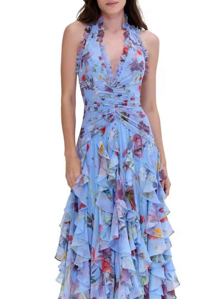 Halter Neck Blue Floral Print Ruched Long Dress