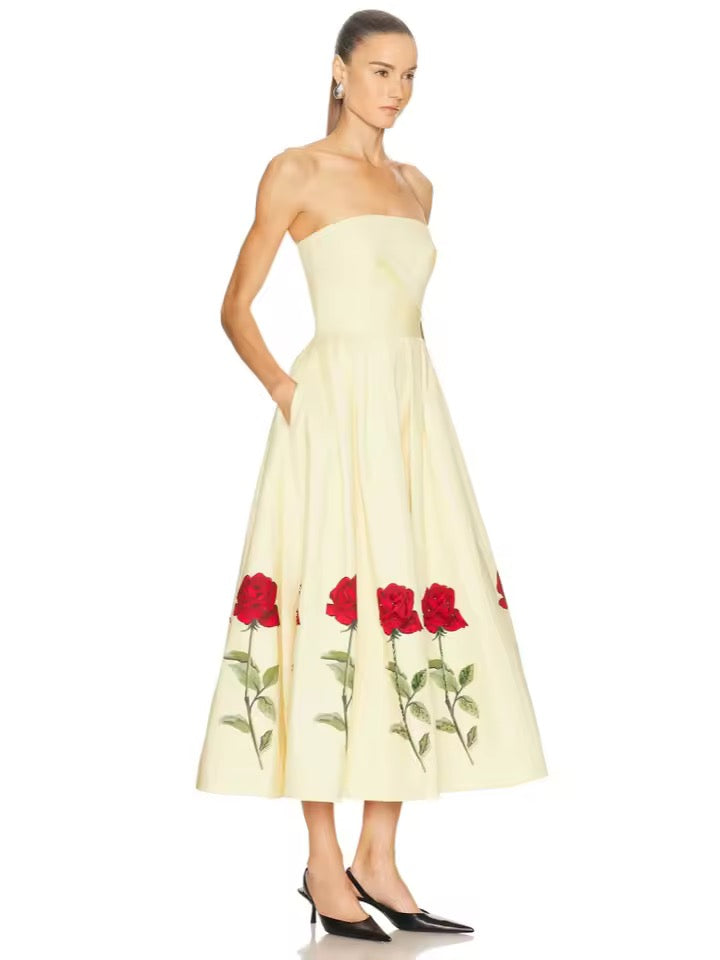 Strapless Rose Floral Printed Midi Dress