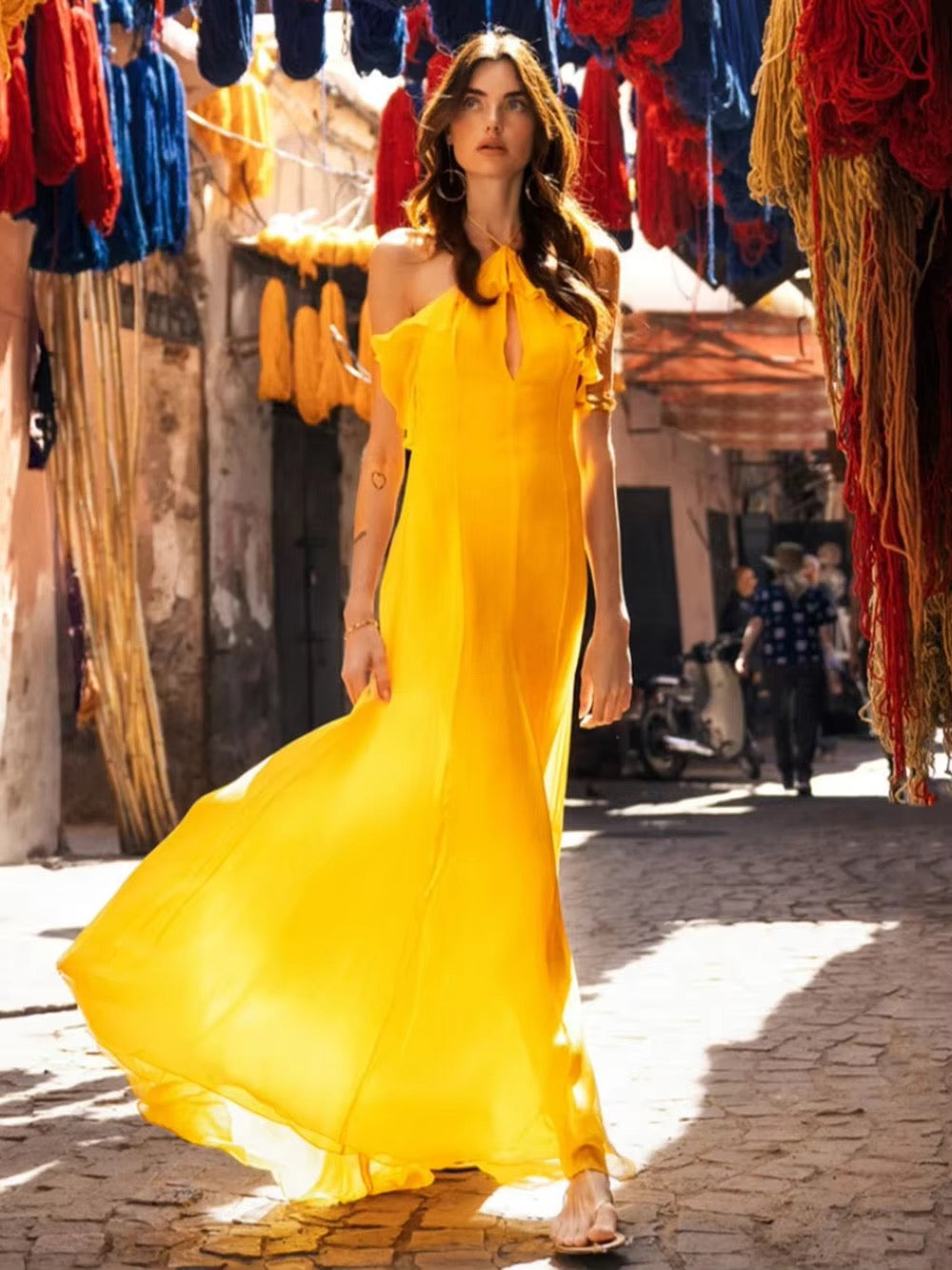 Chic Ruffles Hollow Out Halter Long Vacation Dress