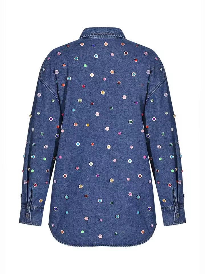 Nail Bead Denim Shirt Long Pants Set