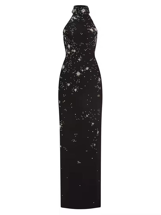 Halter Neck Sparkly Diamonds Split Long Dress