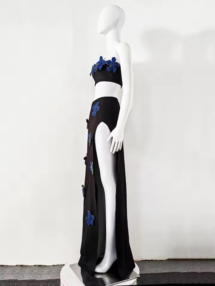 3D Flowers Sexy Party Two Piece Set Strapless Crop Top And Long Skirts 2 Pieces Set