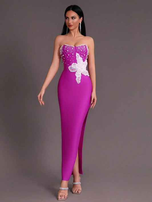 Beaded Sexy Strapless Side Split Long Bandage Dress - REBECATHELABEL