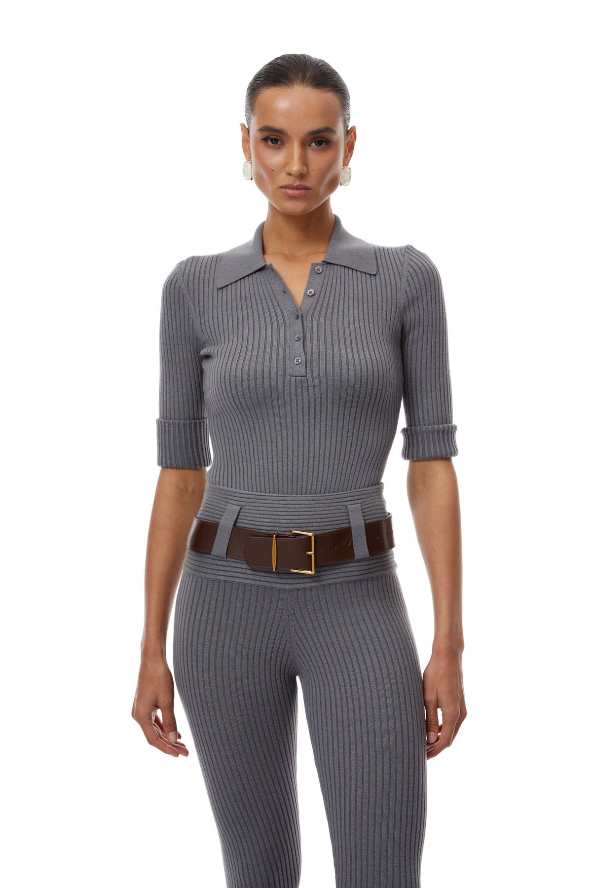 Grey Ribbed Knit Bodysuit & Trousers Set