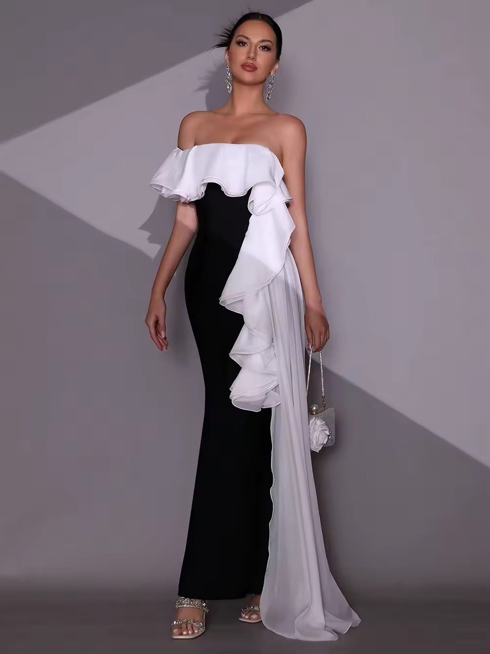 Off Shoulder Ruffle Slim Bandage Long Dress