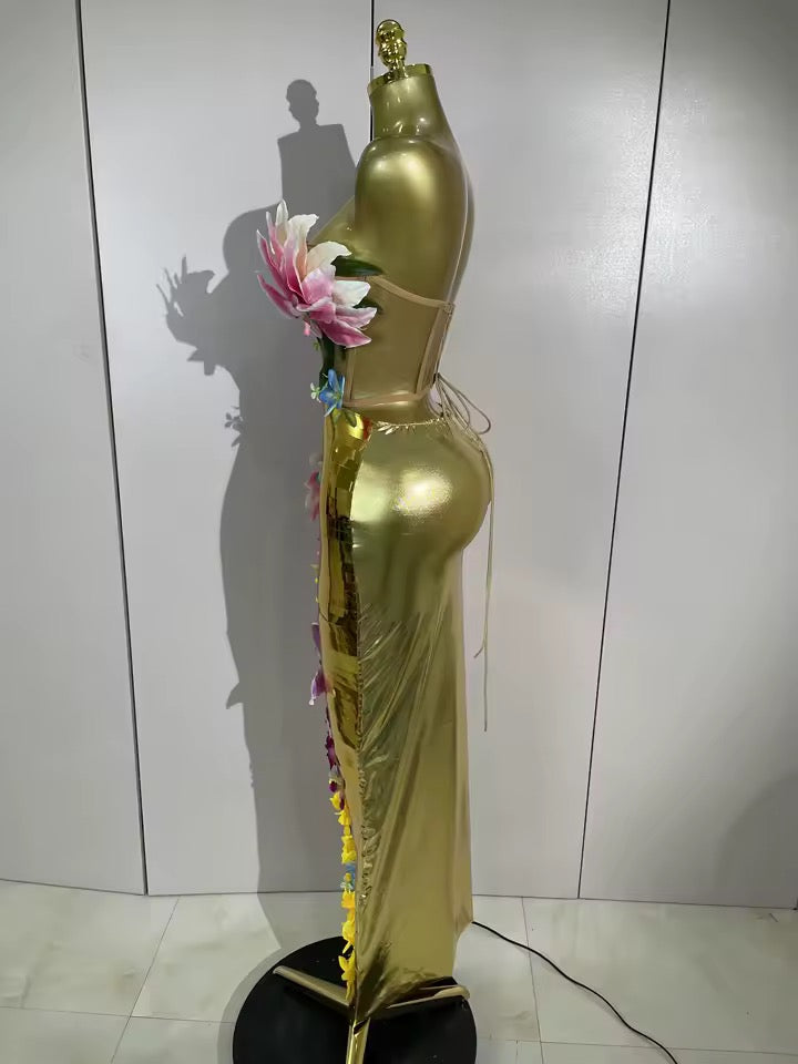 3D Flower Golden Mesh Top Bodycon Long Dress Two-Piece Set