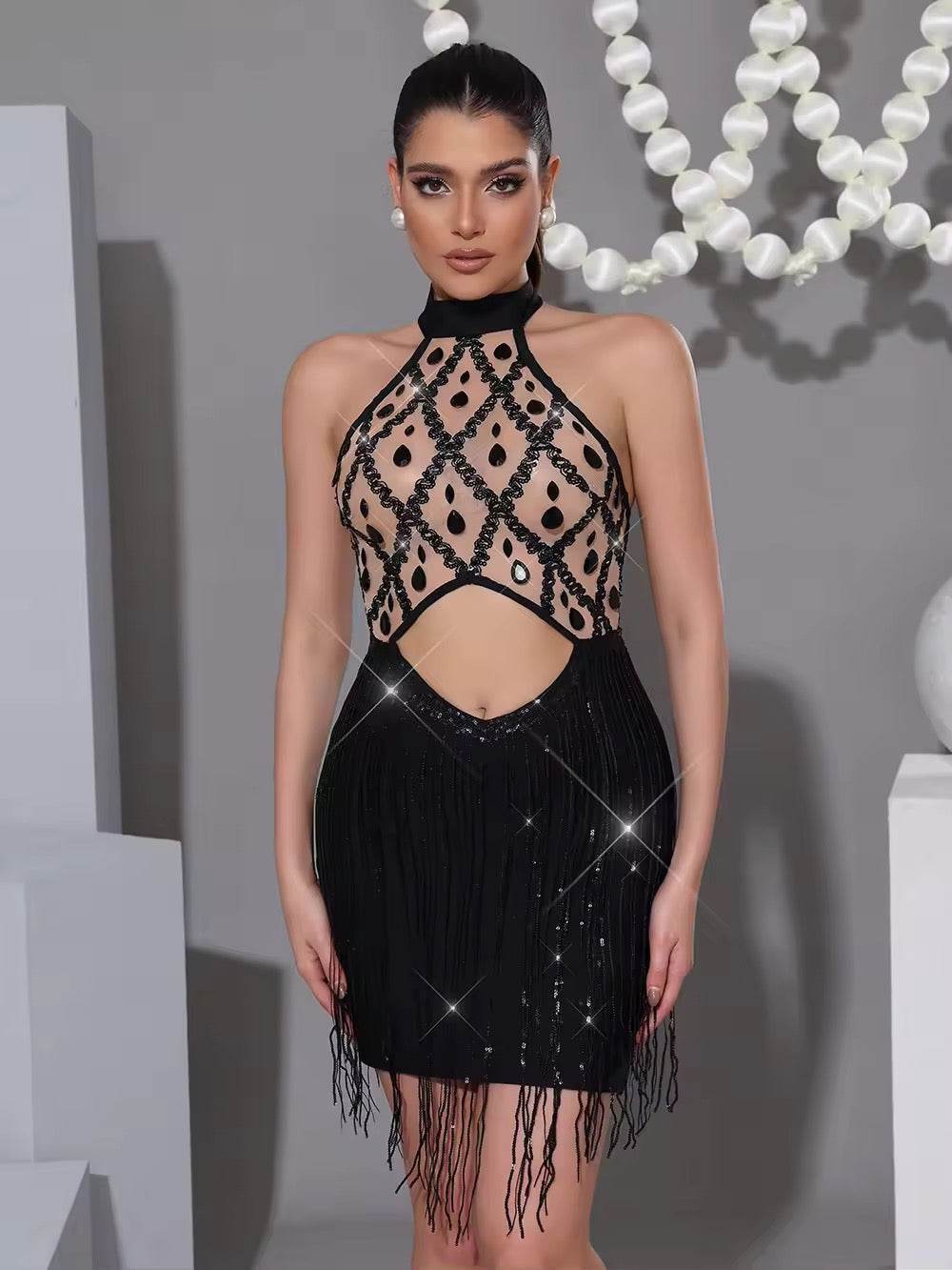Sparkling Diamond Sequins Tassel Mesh Sexy Tight Mini Dress - REBECATHELABEL