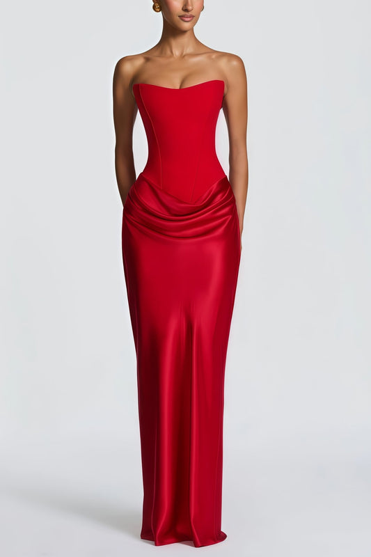 Red Scarf Off Shoulder Ruched Maxi Dress