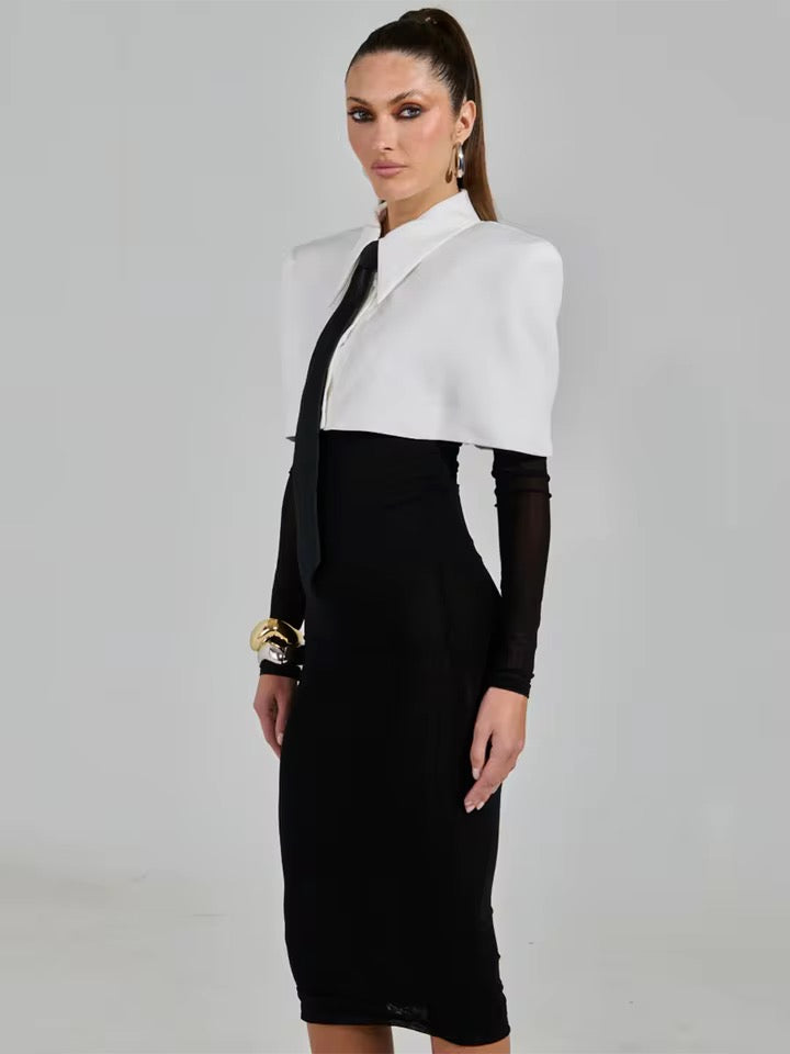 Lapel Slim Midi Shirt Dress Long Sleeved Sexy Mesh set