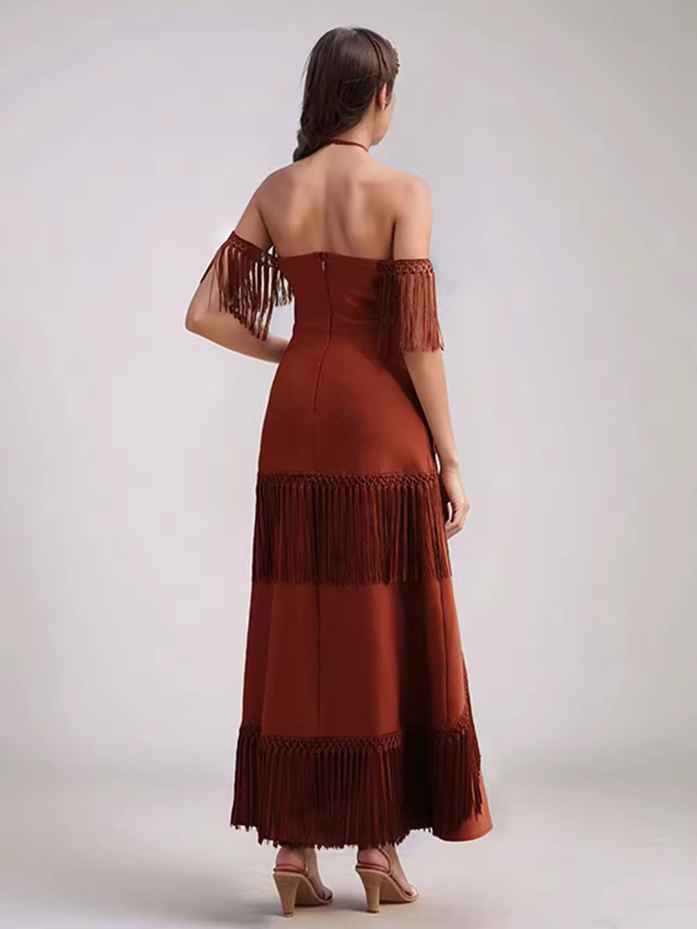 Tassels Solid Maxi Dress Sexy Halter Spaghetti Lady Long Dress