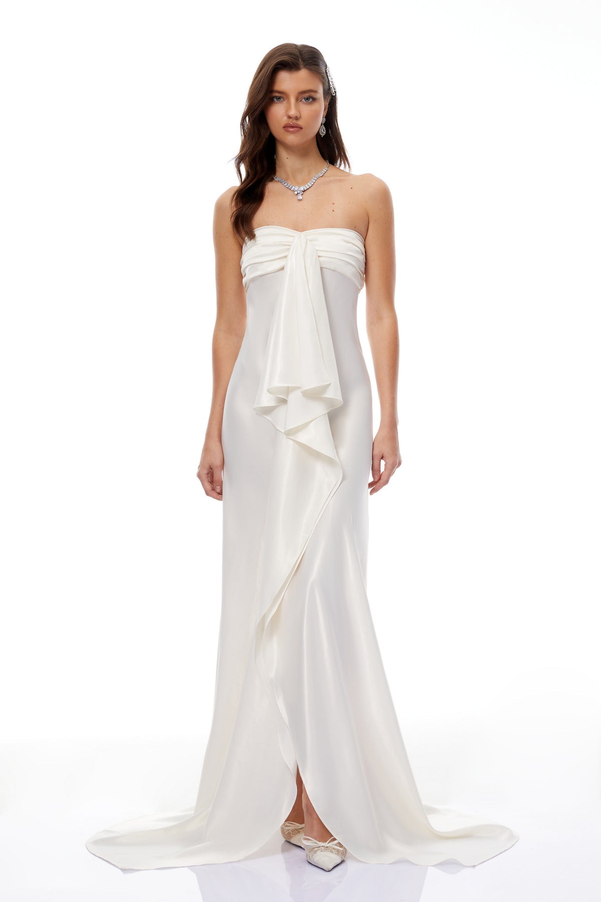 Strapless Ruffled Satin Maxi Dress