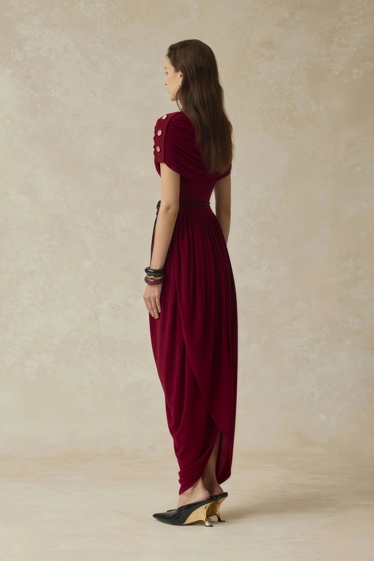 Burgundy Shawl Design Draped Maxi Dress