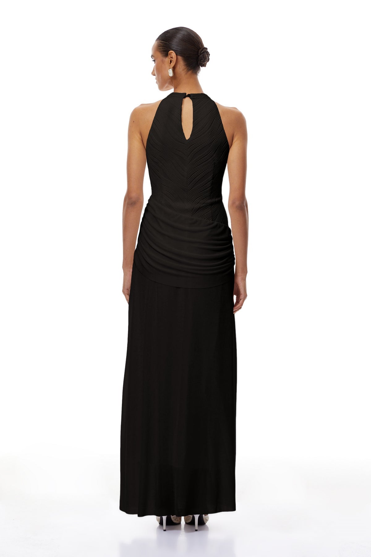 Black Ruched Ribbon Textured Maxi Dress