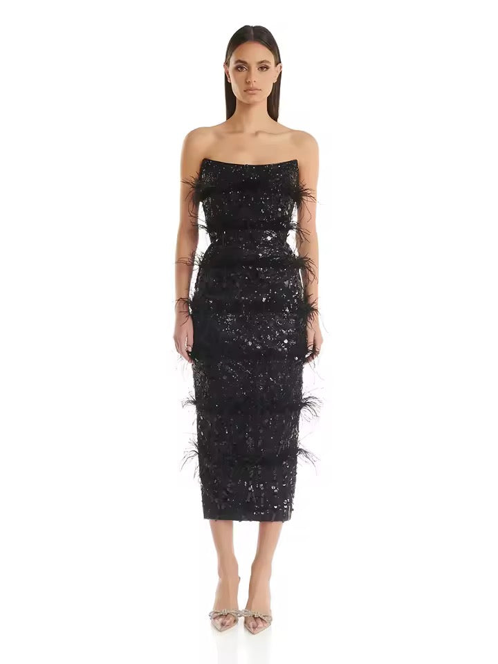Sleeveless Feather Strapless Backless Sequin Maxi Dress