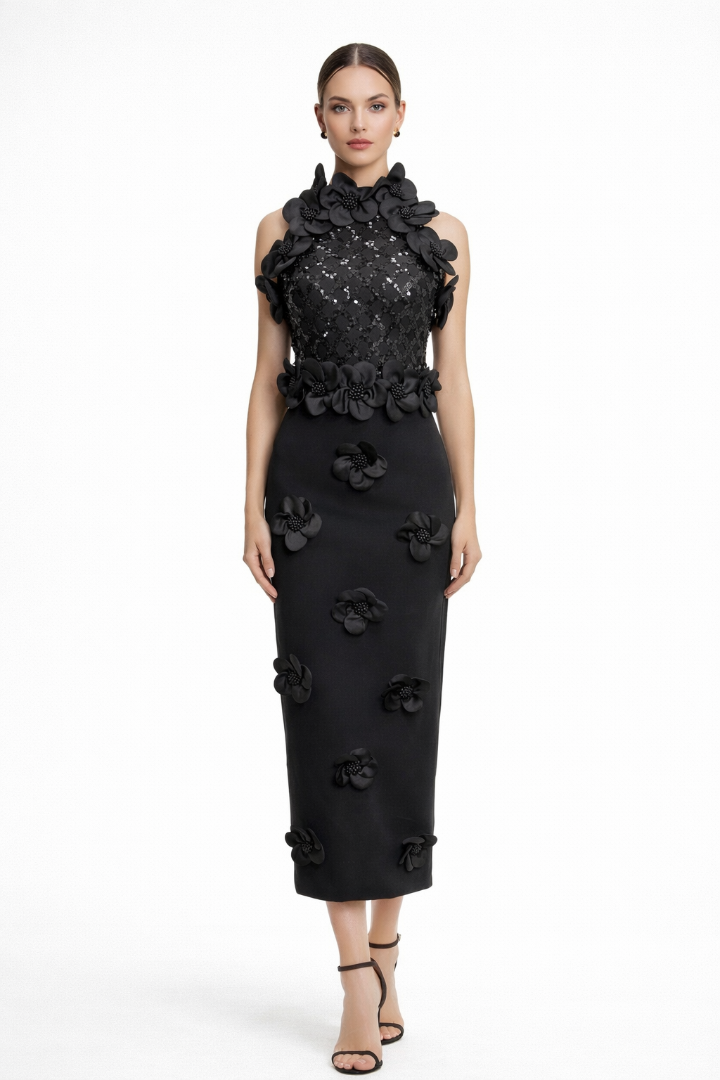 Floral Sequin Maxi Dress Black