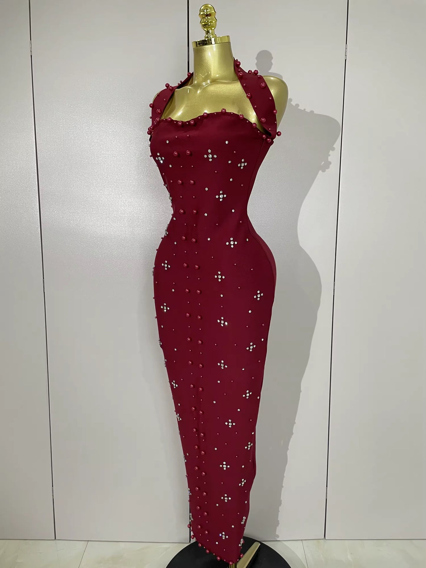 Sparkly Rhinestone Pearl Sleeveless Bodycon Bandage Long Dress