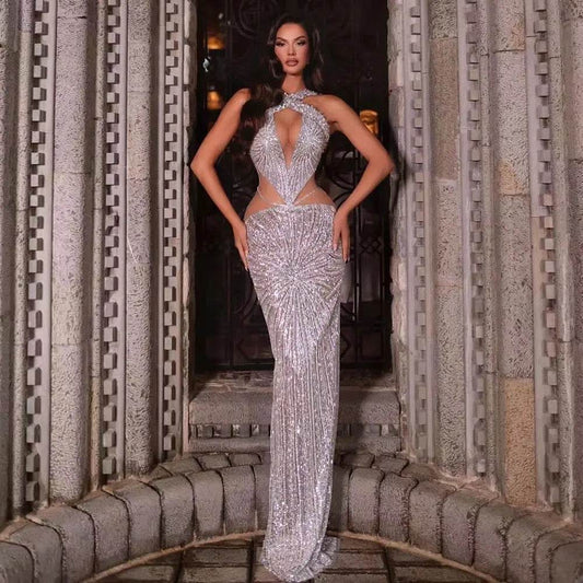 neck Sleeveless Sequin Hollow out floor length dress - REBECATHELABEL