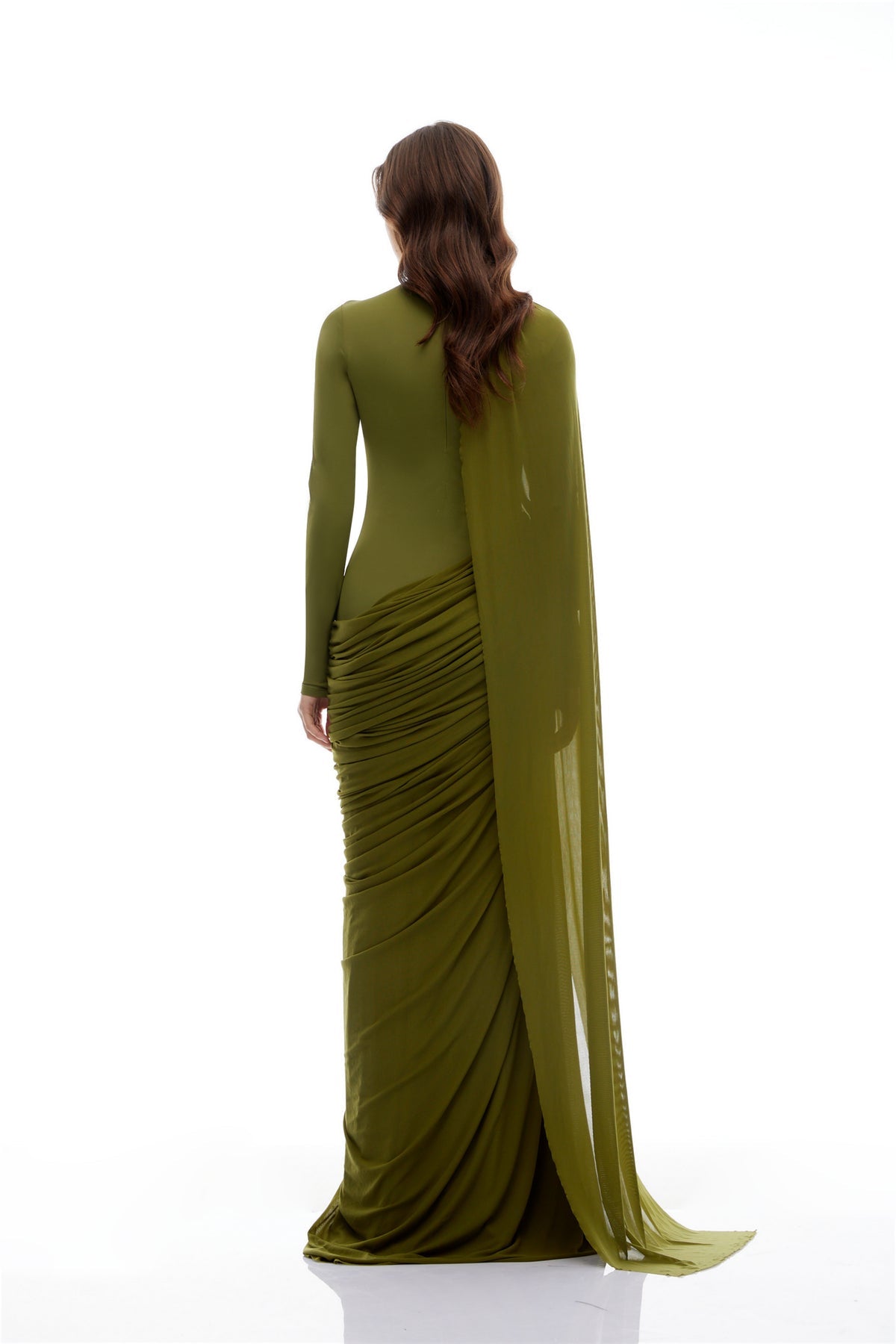 Green Asymmetrical Ribbon Draped Maxi Dress