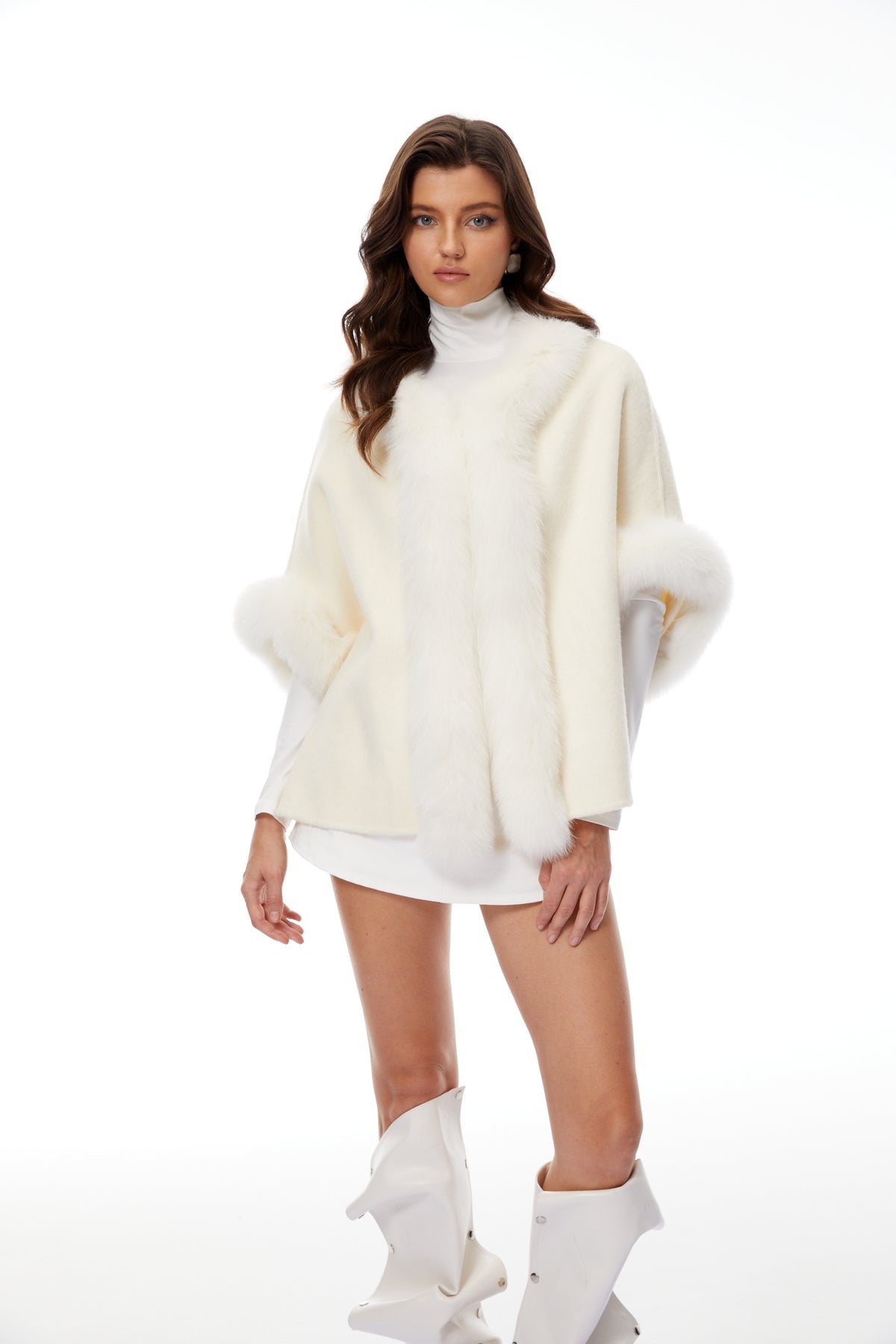 White Fur Panel Wool Cape Coat