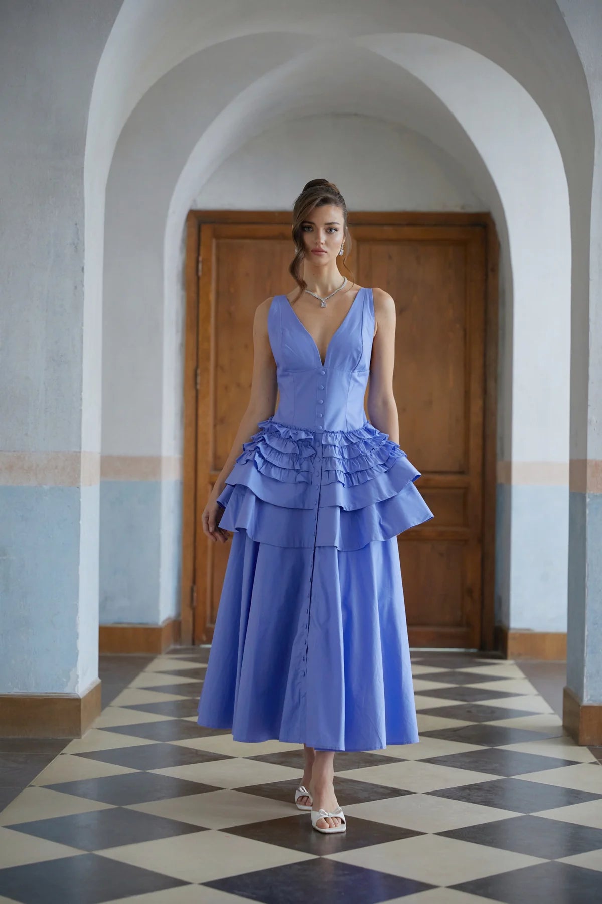 Blue Ruffled Tiered Midi Dress