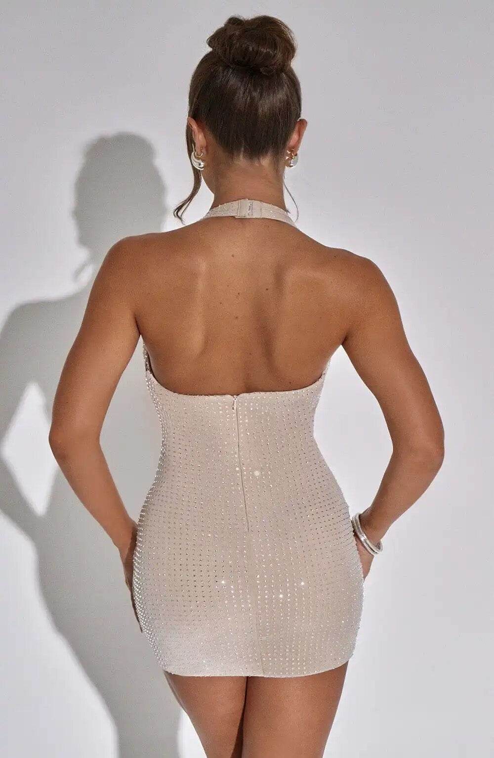 Sparkling Backless Diamond Mesh Mini Tight Dress - REBECATHELABEL