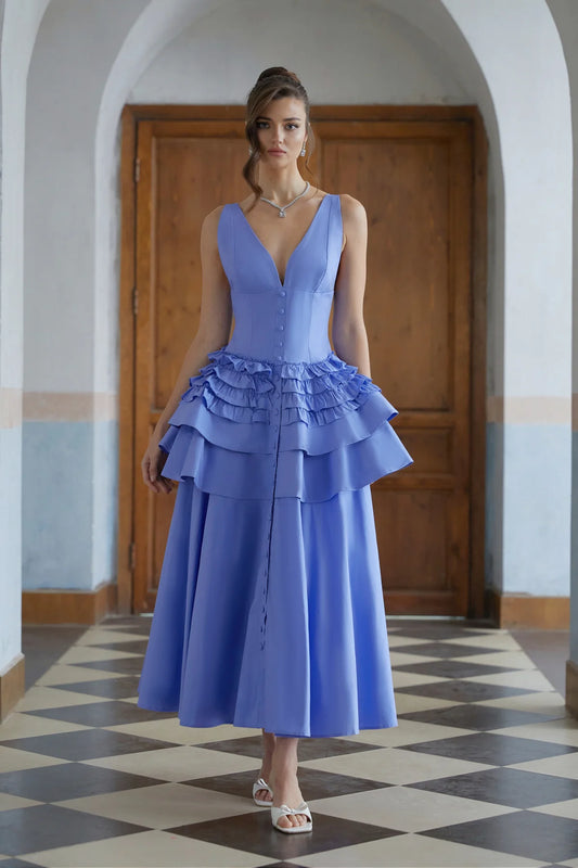 Blue Ruffled Tiered Midi Dress