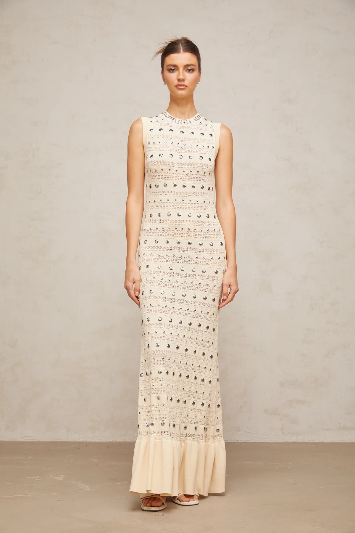 studded crochet-knit maxi dress in Neutrals