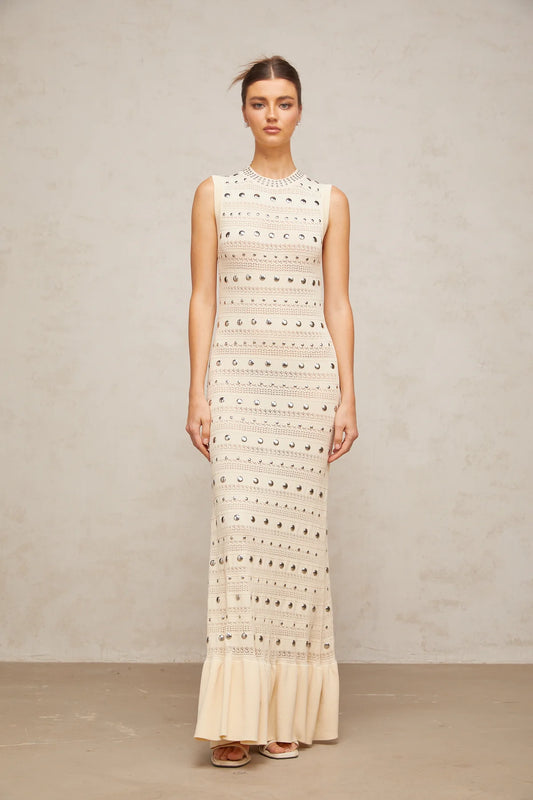 studded crochet-knit maxi dress in Neutrals