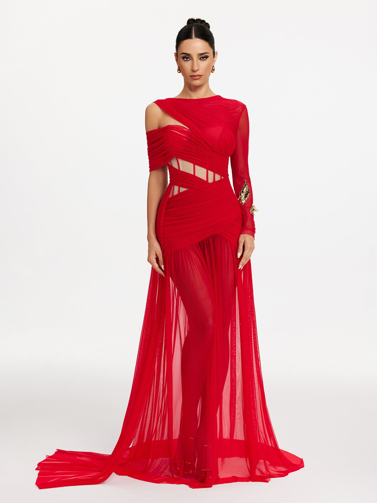 Corset Cutout Mesh Maxi Dress In Red