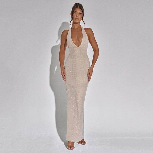 V-neck Sleeveless Backless Diamond Tight Maxi Dress - REBECATHELABEL