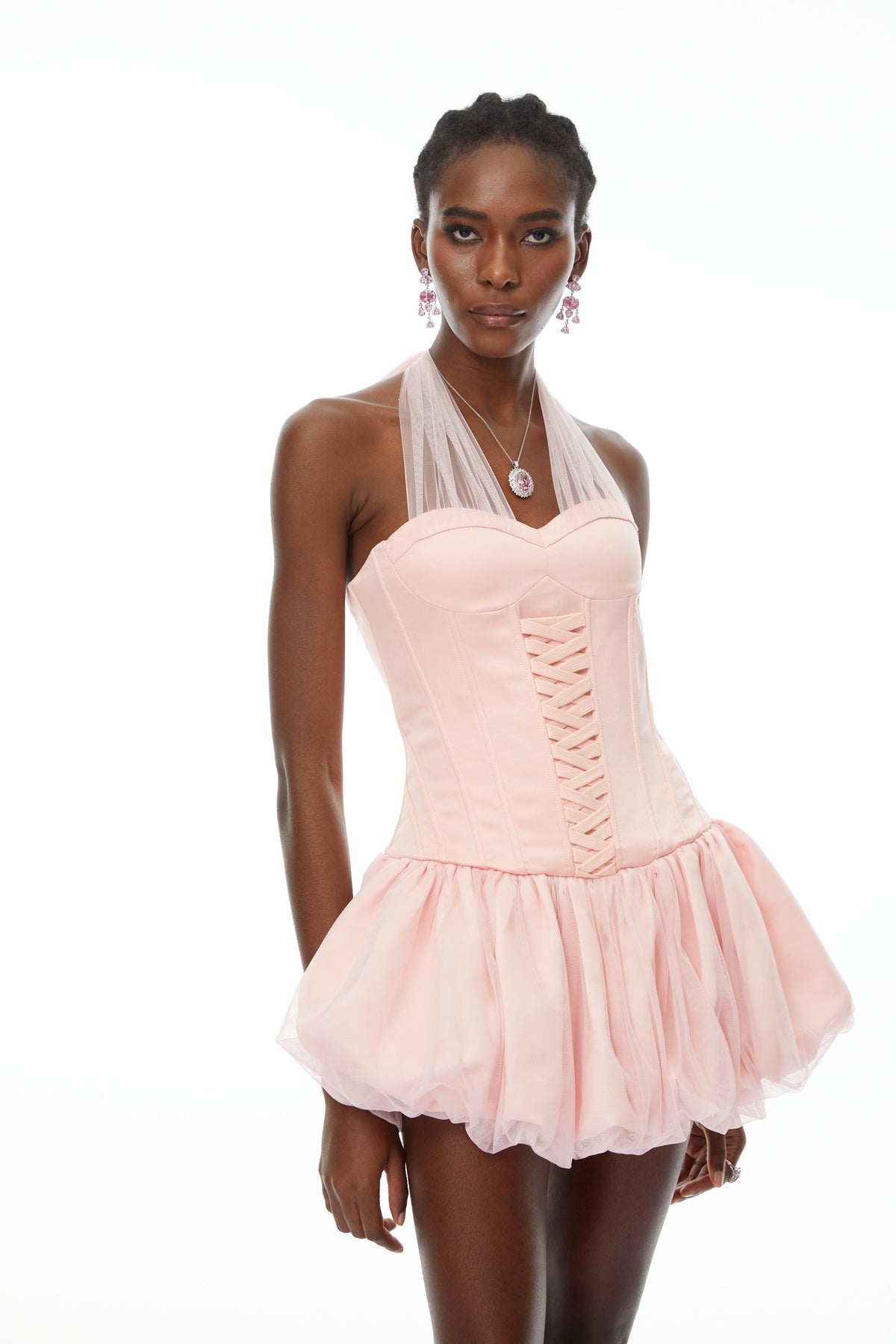 Pink Halterneck Oraganza Panel Satin Mini Dress