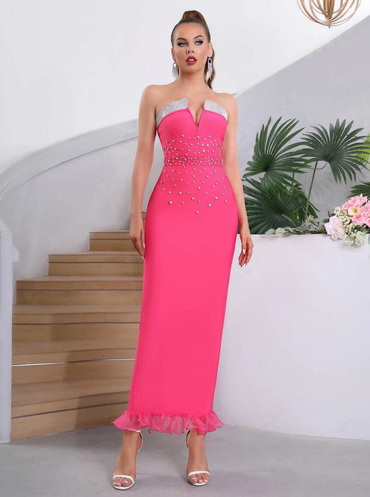 Strapless V-neck Diamond Tight Long Bandage Dress - REBECATHELABEL