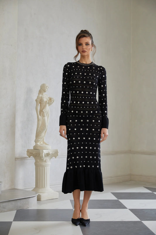 Black Long Sleeve Studded Crochet Knit Midi dress