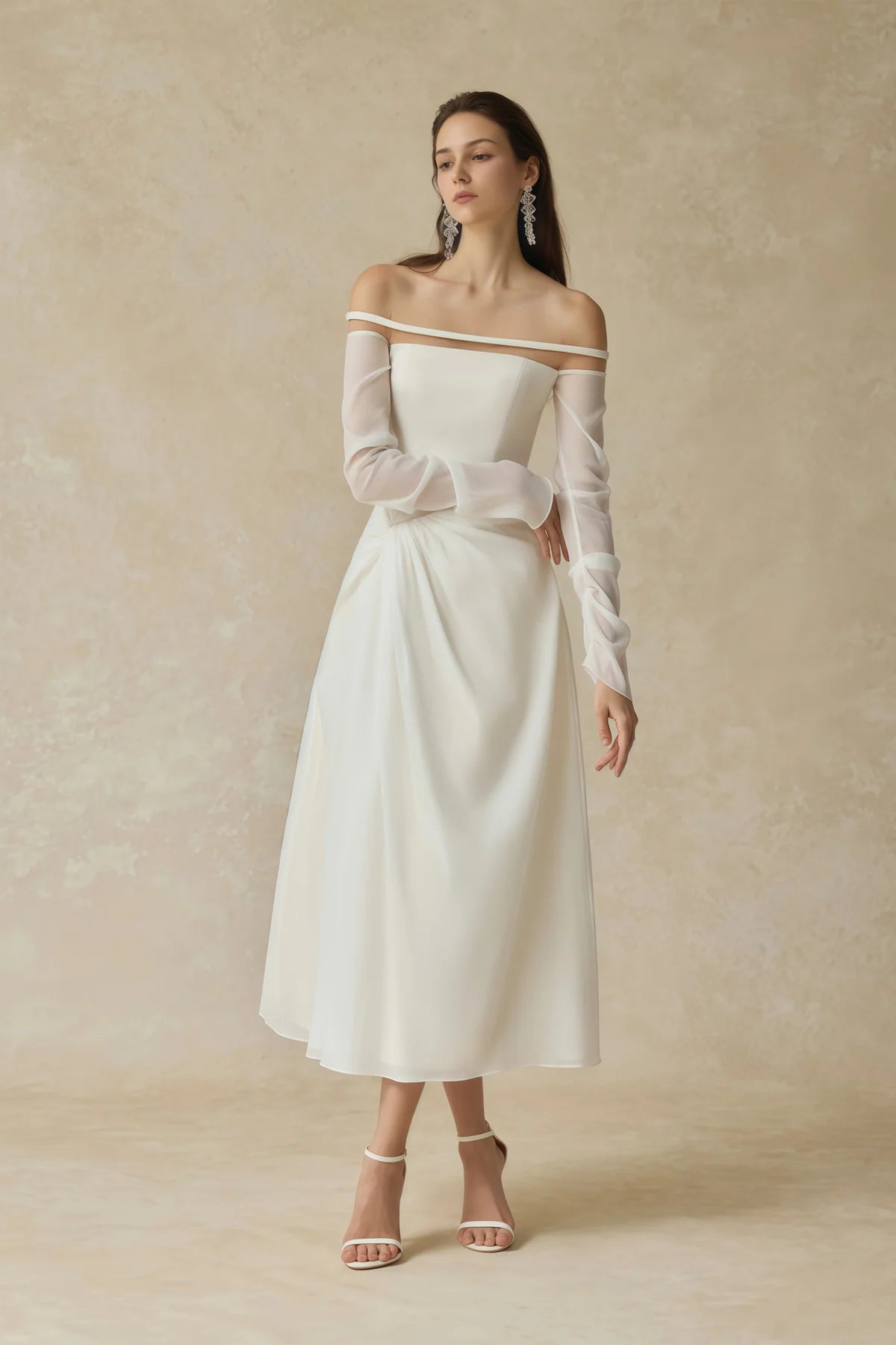 White Gathered Crepe Midi Dress
