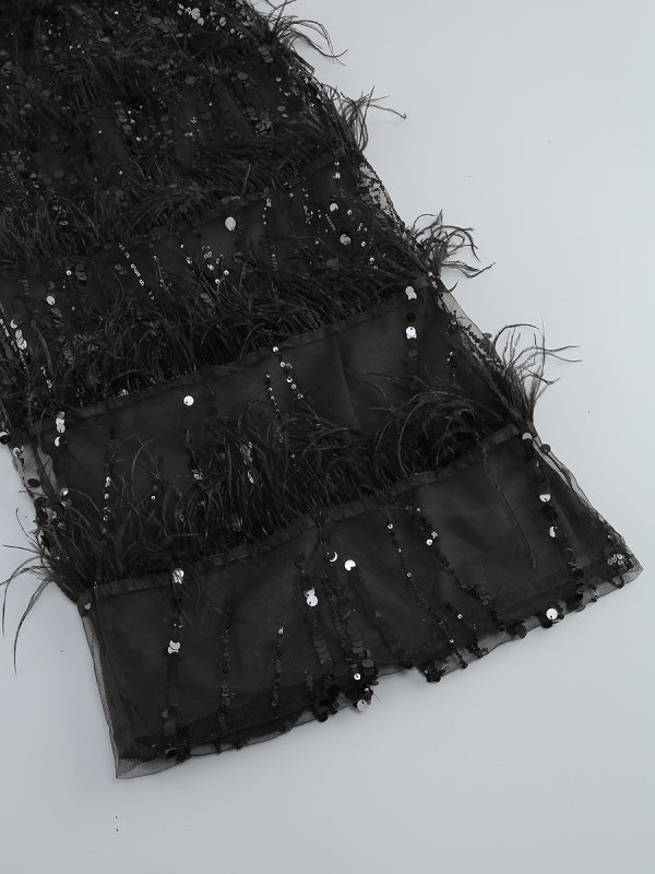 Sleeveless Feather Strapless Backless Sequin Maxi Dress