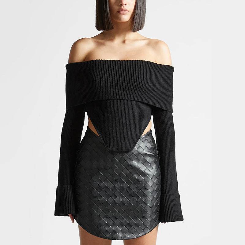 off Shoulder Slim Fit Slimming Long Sleeves Knitwear - REBECATHELABEL