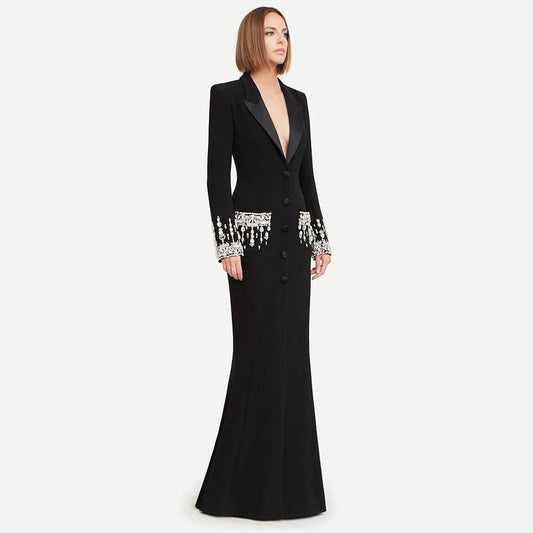V-neck Diamond Slim Fit Suit Long Dress - REBECATHELABEL